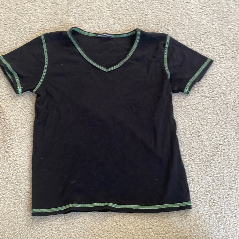 Black top v-neck, green stitching, could fit multiple sizes, Brandy Melville